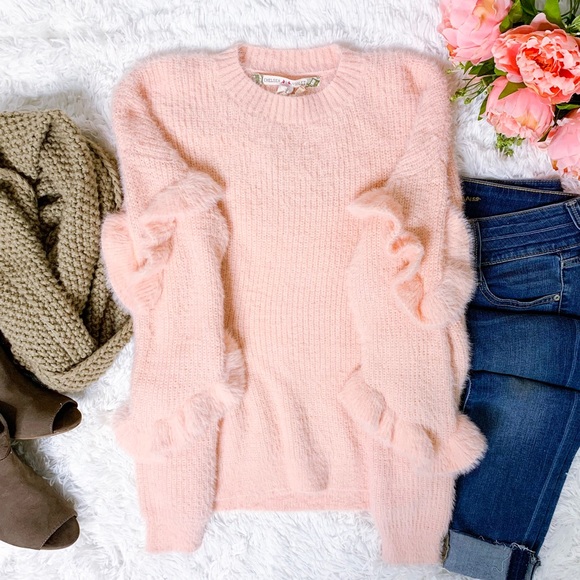 Chelsea & Violet Sweaters - CHELSEA & VIOLET Pink Ruffle Sleeve Fuzzy Sweater